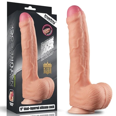 11" Dual Layer Platinum Silikonski Vibrator sa Vakuumskim Postoljem i Testisima - Lovetoy - Sexy Shop