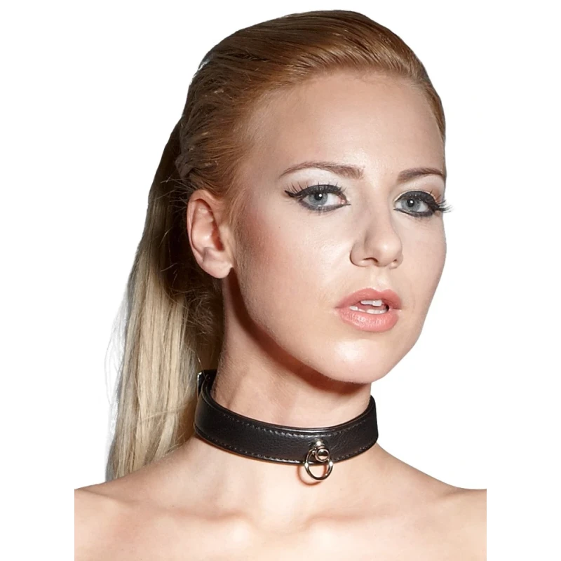Bondage ogrlica od crne veštačke kože sa prstenom - Bad Kitty