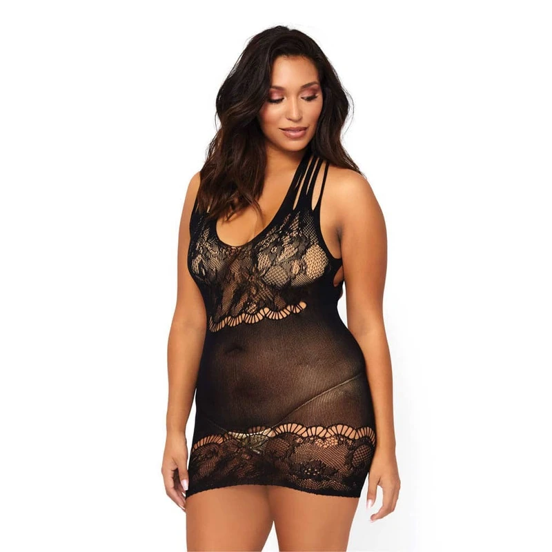 Crna mini haljina s cvjetnim čipkastim detaljima, PLUS SIZE - Leg Avenue
