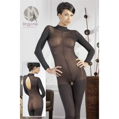 Crni dugi catsuit od poliamida sa čipkastim ovratnikom i otvorenim međunožjem M/L - Sexy Shop
