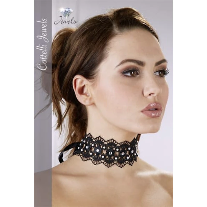 Crni vezeni choker sa biserima i rhinestones detaljima