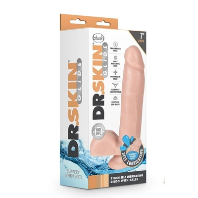 Dr. Skin 7" samolubrikantni dildo sa testisima i vakuumskim postoljem - Sexy Shop