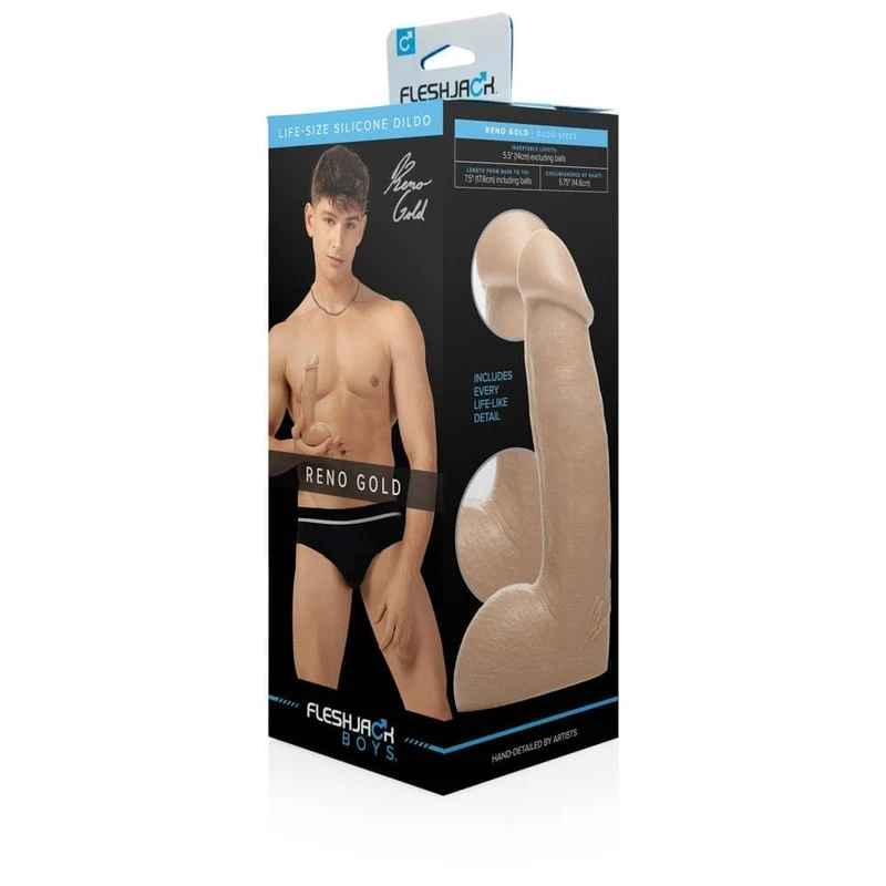 Fleshjack Boys Reno Gold Dildo sa testisima i vakuumskim postoljem, 19cm, koža