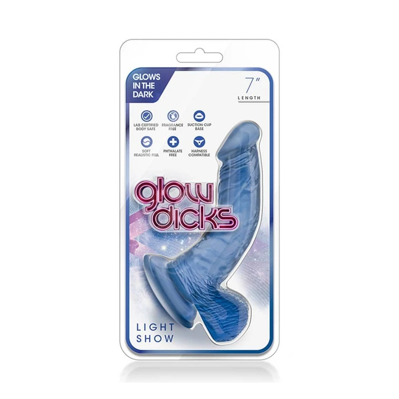Glow Dick Svetlosni Show Plavi 18,4 cm sa vakuumskim postoljem i testisima