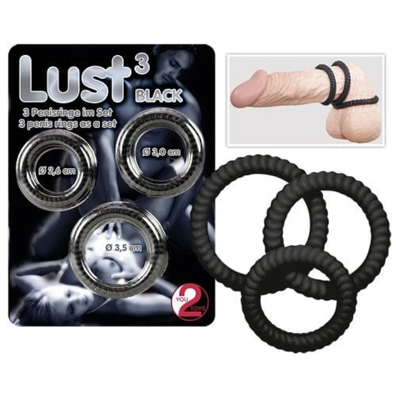 Lust 3 crne gumene pojasevi za penis sa 3 utora