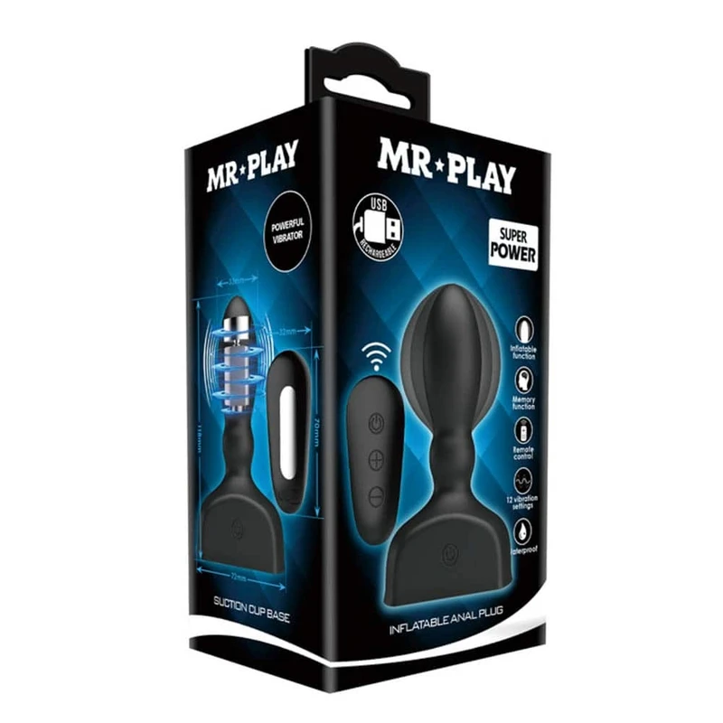 Mr. Play Inflatable Anal Plug sa daljinskim upravljačem - crni vibrator sa vakuumskim postoljem