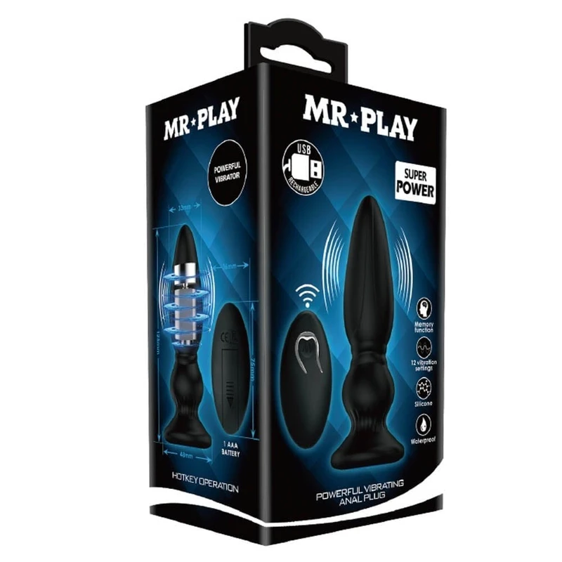 Mr. Play Super Power Anal Plug II - Vibrirajući analni čep sa daljinskim, vodootporan, 12,5 cm, crni