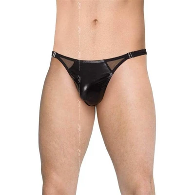 Muške slip gaće od sjajnog elastičnog materijala sa mrežastim ulošcima i bočnim kopčama - Softline crne M/L - Sexy Shop