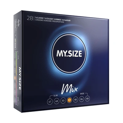 My Size MIX Kondomi 57 mm – 28 kom. (klasični, obojeni, rebrasti, mirisni) - Sexy Shop