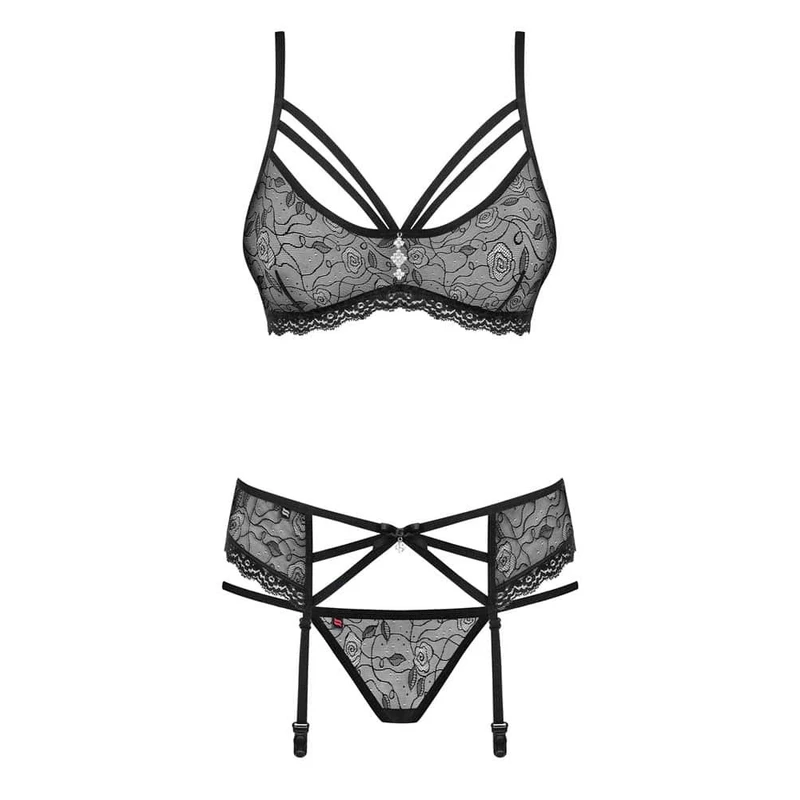 Obsessive 3-dijelni set sa čarapama, brusom i tangama, crni, S/M