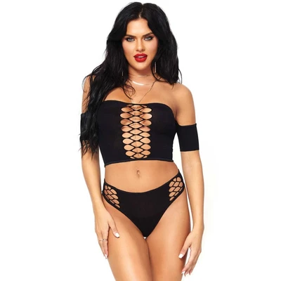 Opaque Crni Crop Top sa Mrežom i Tanga Gaćice - Sexy Shop