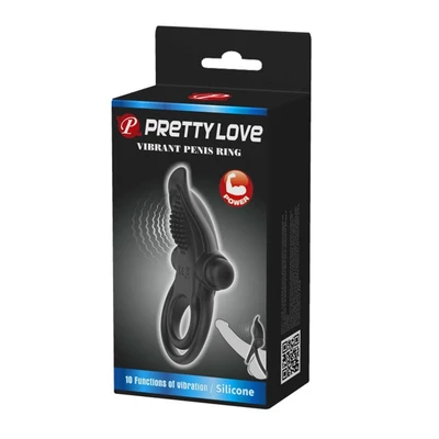 Pretty Love Vibrant Penis Ring - Crni Silikonski Vibrirajući Prsten sa Klitoralnom Stimulacijom - Sexy Shop