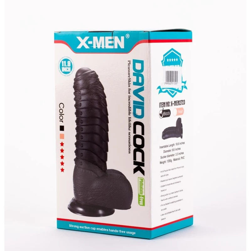 X-MEN Davidov 27cm Crni Dildo sa Testisima i Vakuumskim Postoljem